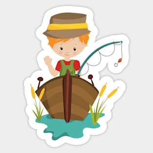 Fishing Boy, Fisherman, Fishing Rod, Orange Hair Sticker